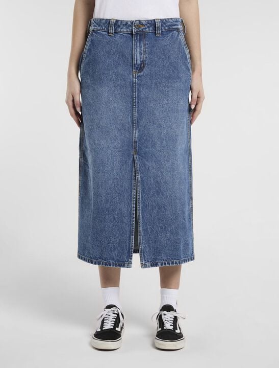 LONG DENIM CARPENTER SKIRT W RINSED