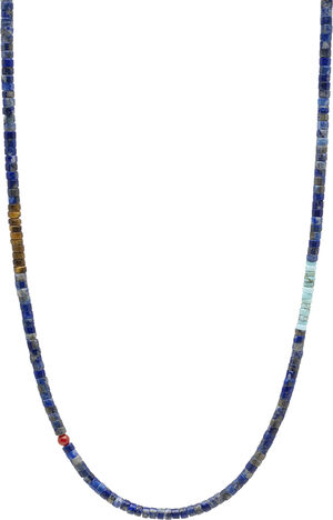 Blue Lapis Heishi Necklace with Tiger Eye and Turquoise
