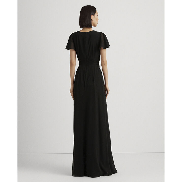 Belted Georgette Flutter-Sleeve Gown