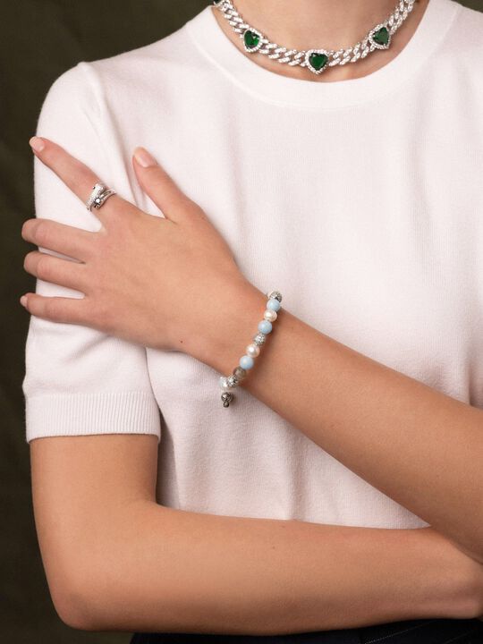 Women's Beaded Bracelet with Aquamarine, Pearl, and Labrador