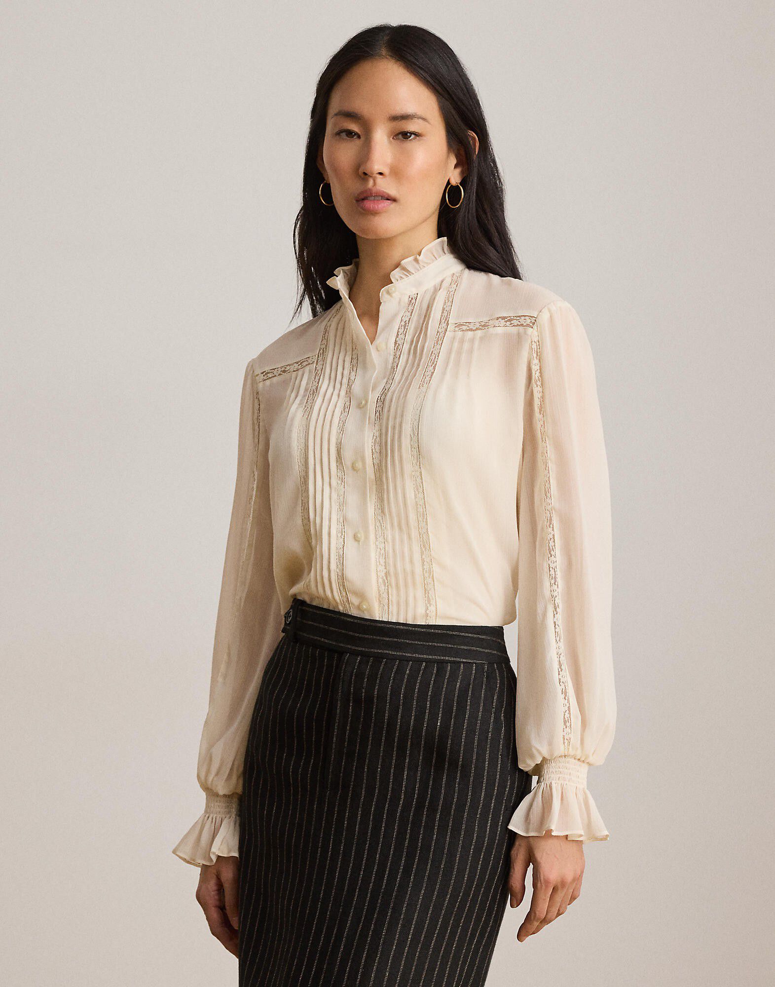 Lace-Trim Crinkle Georgette Blouse