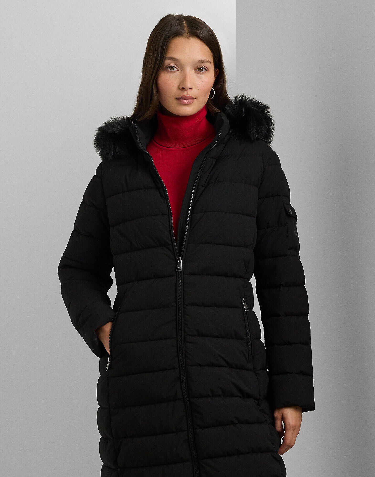 Faux-Fur-Trim Quilted Hooded Coat