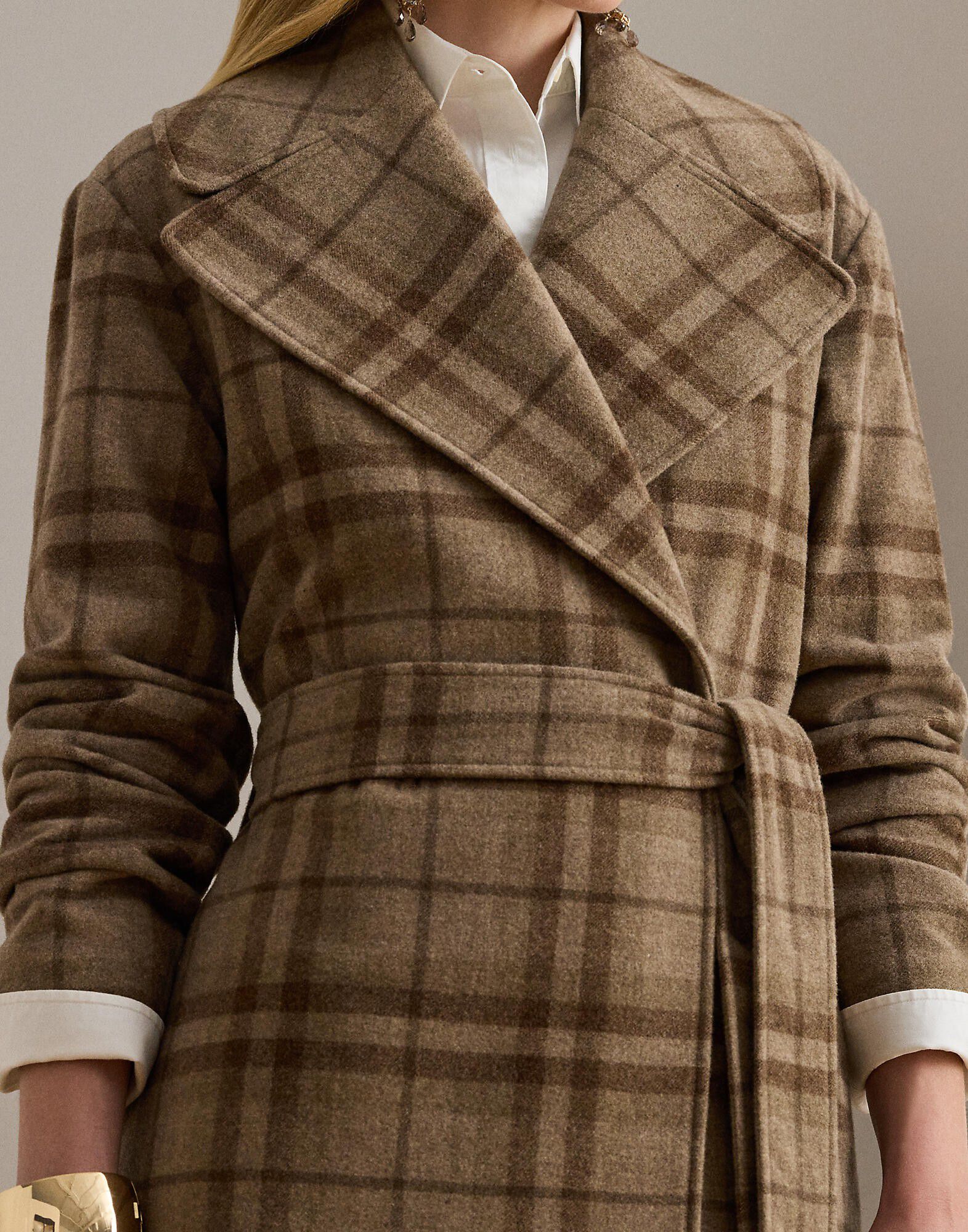 Plaid Wool-Blend Twill Wrap Coat