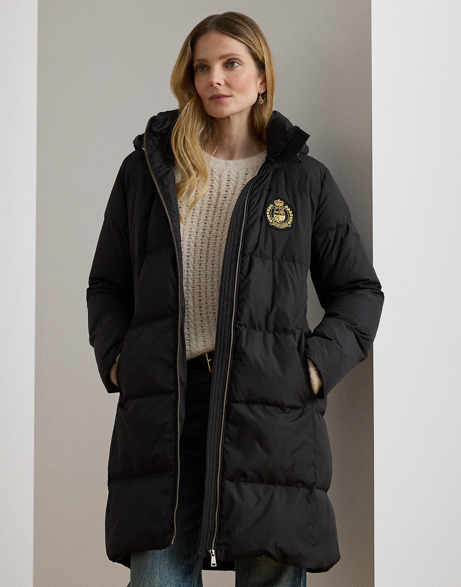 Crest-Patch Hooded Quilted Down Coat