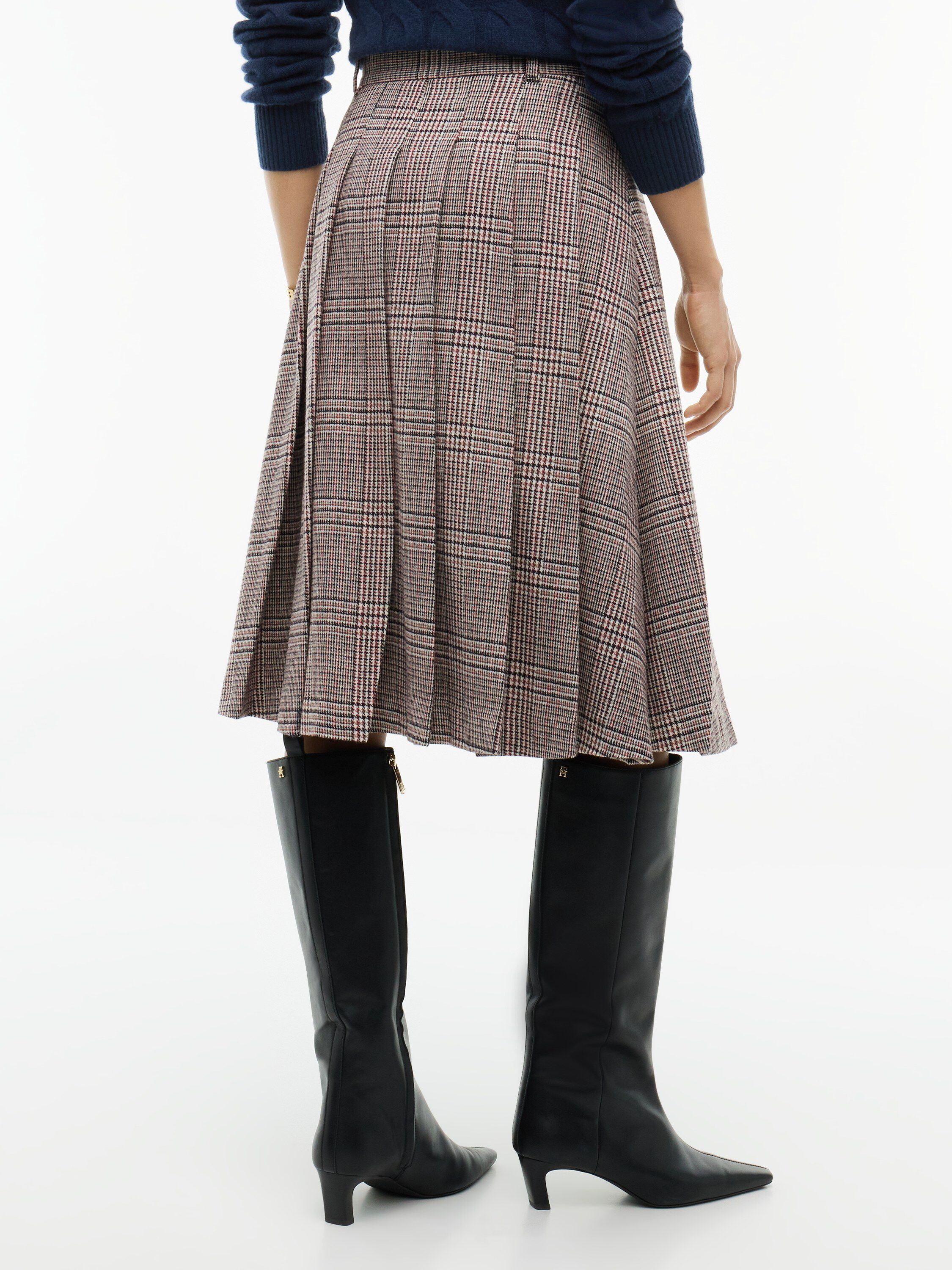 Textured Wool Blend Check Pleated Skirt