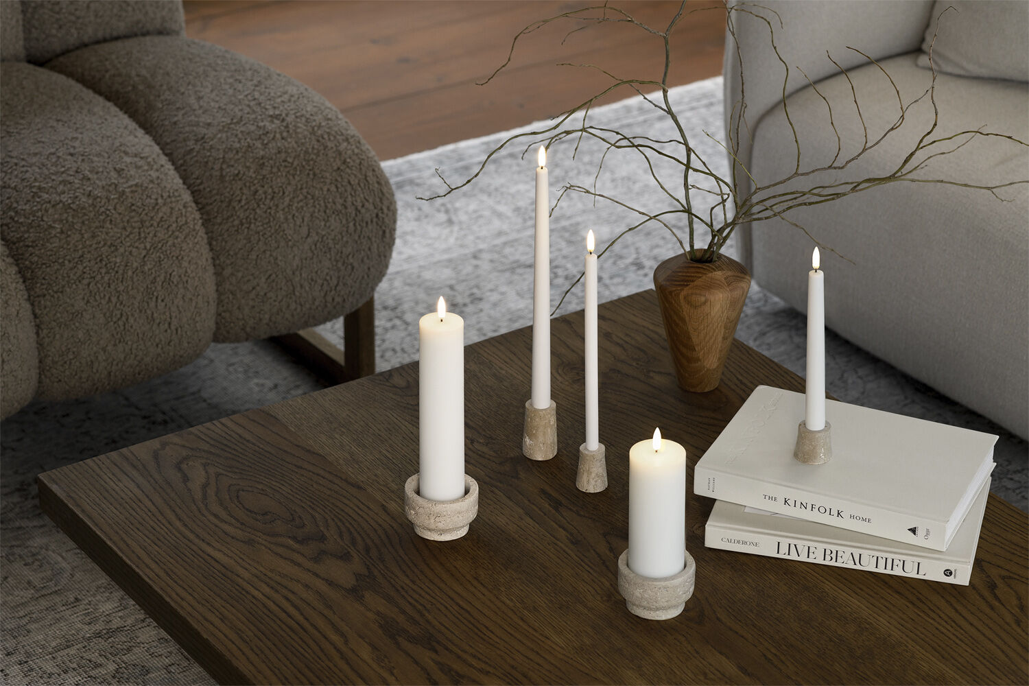 Travetine Candleholder taper, M, Desert beige, 2-pack, 3,5x6