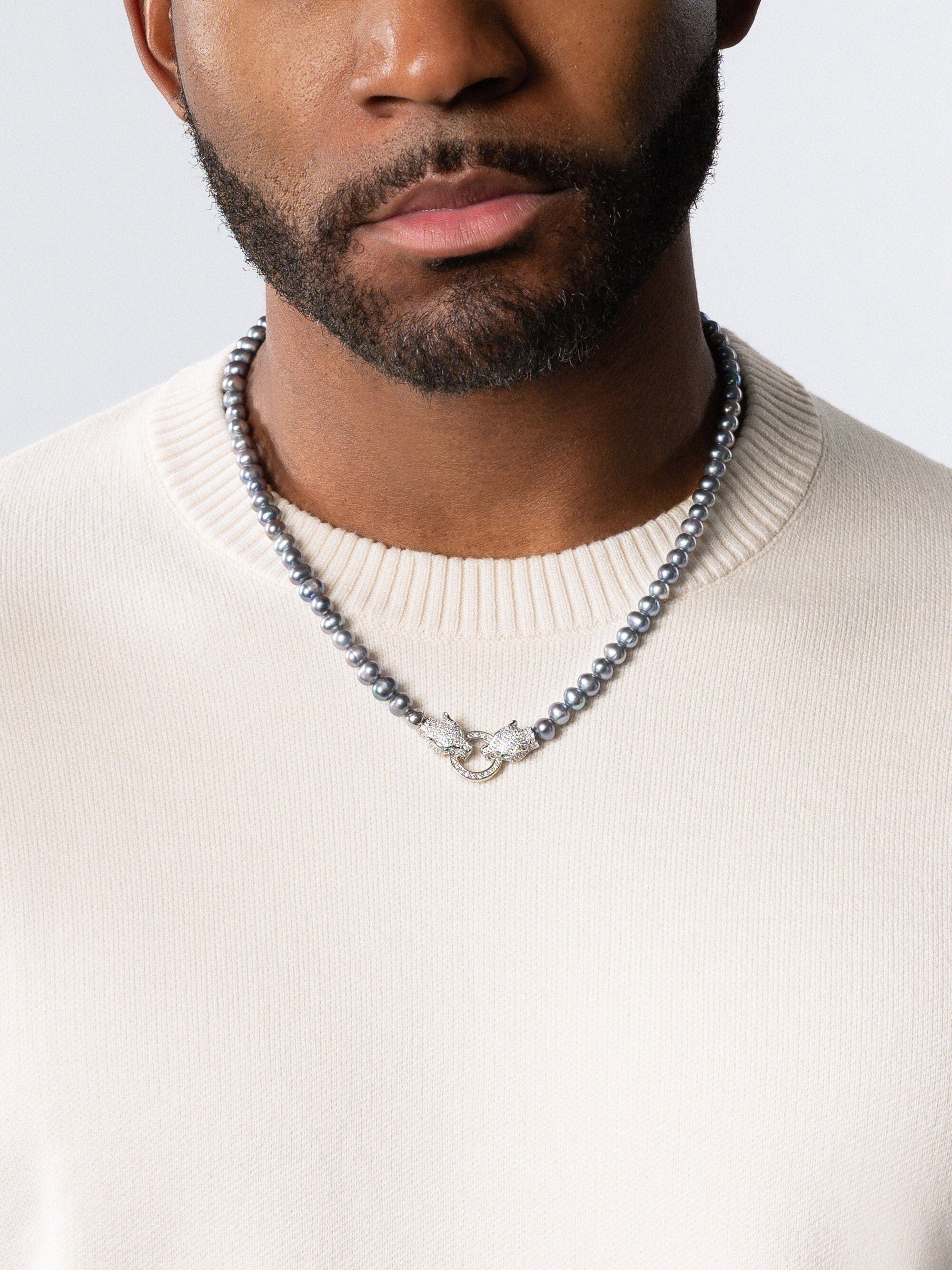 Black Pearl Choker with Double Panther Head in Silver