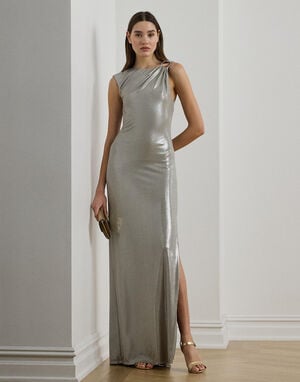 Buckle-Trim Metallic Sleeveless Gown