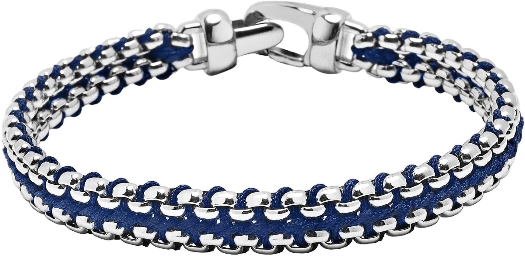 Navy Woven Box Chain Bracelet in Silver