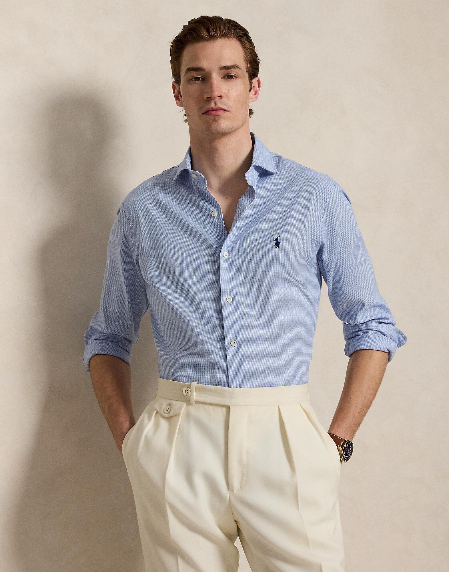 Custom Fit Houndstooth Linen-Blend Shirt