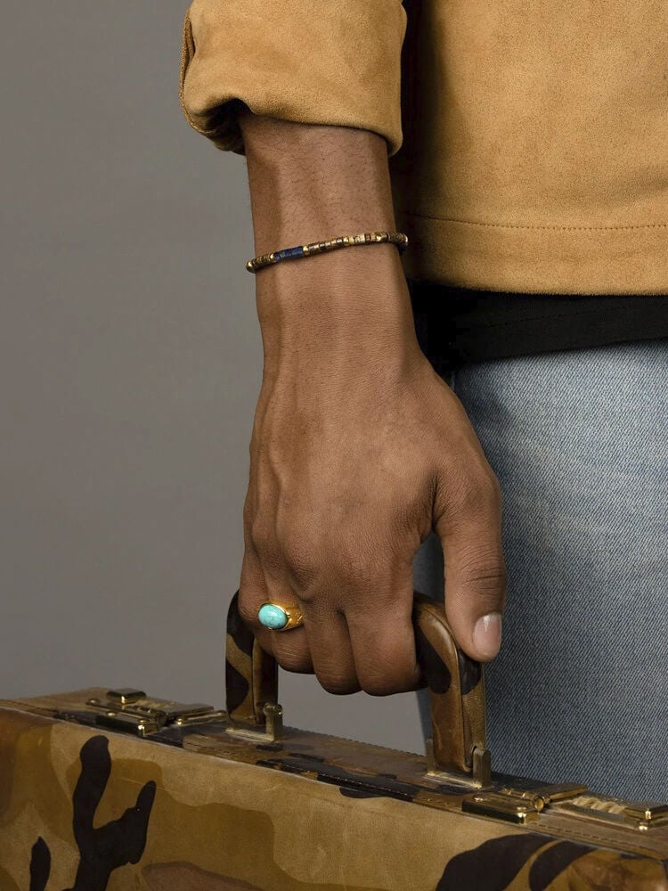 Men's Wristband with Blue Lapis, Jasper and Coconut Heishi Beads and G