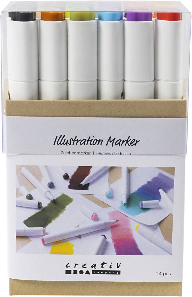 Tegnetusch, streg 1+8 mm, pastelfarver, standardfarver, 24st