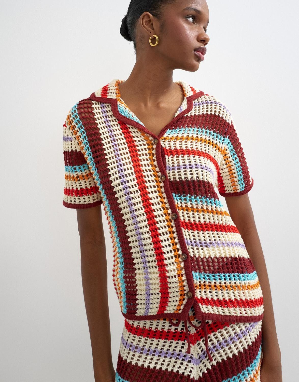 Tsgerdi Ss Crochet Striped Knit Shirt