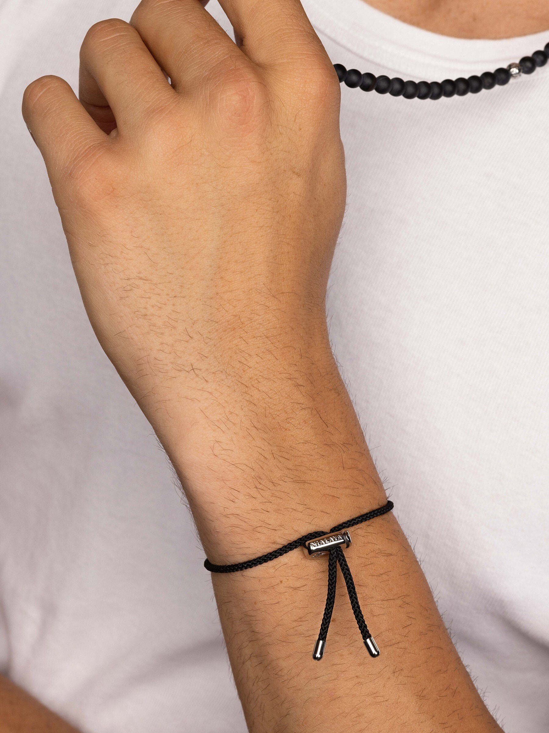 Men's Black String Bracelet with Adjustable Stainless Steel Lock