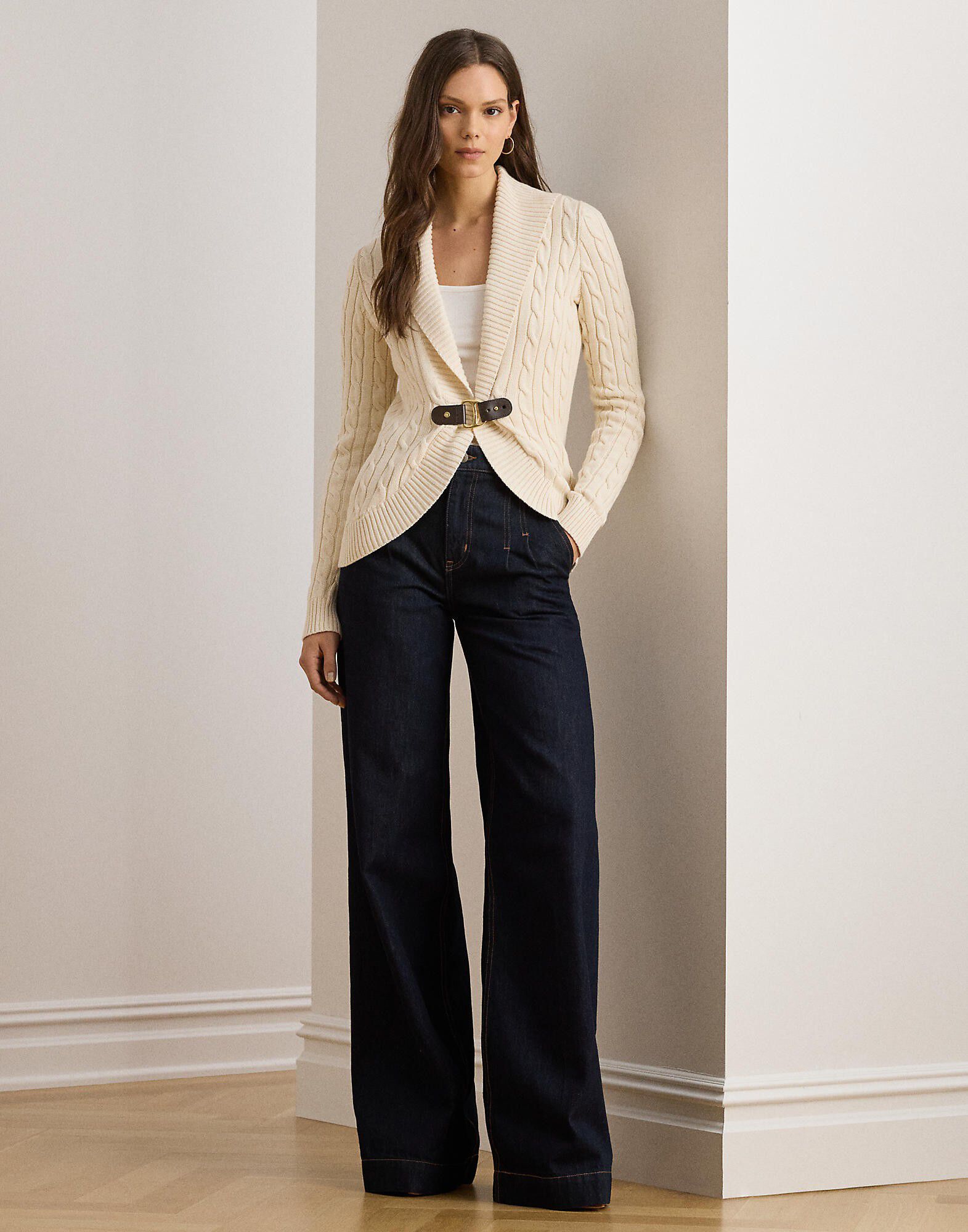 Buckle-Trim Cable Shawl-Collar Cardigan