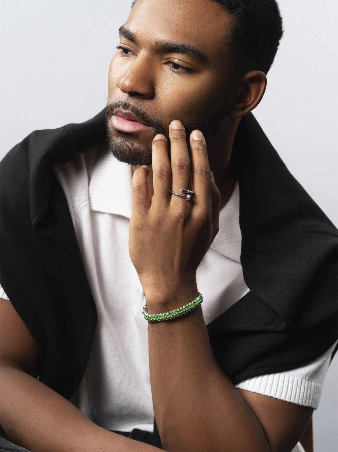 Men's Green Woven 8mm Box Chain Bracelet in Silver