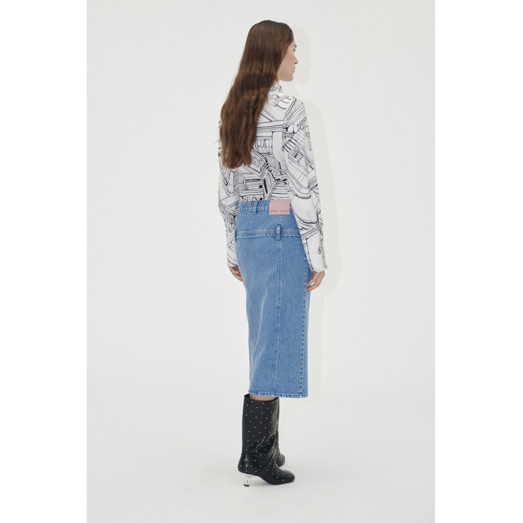 Button Slit Detail Midi Skirt, 2251 Denim