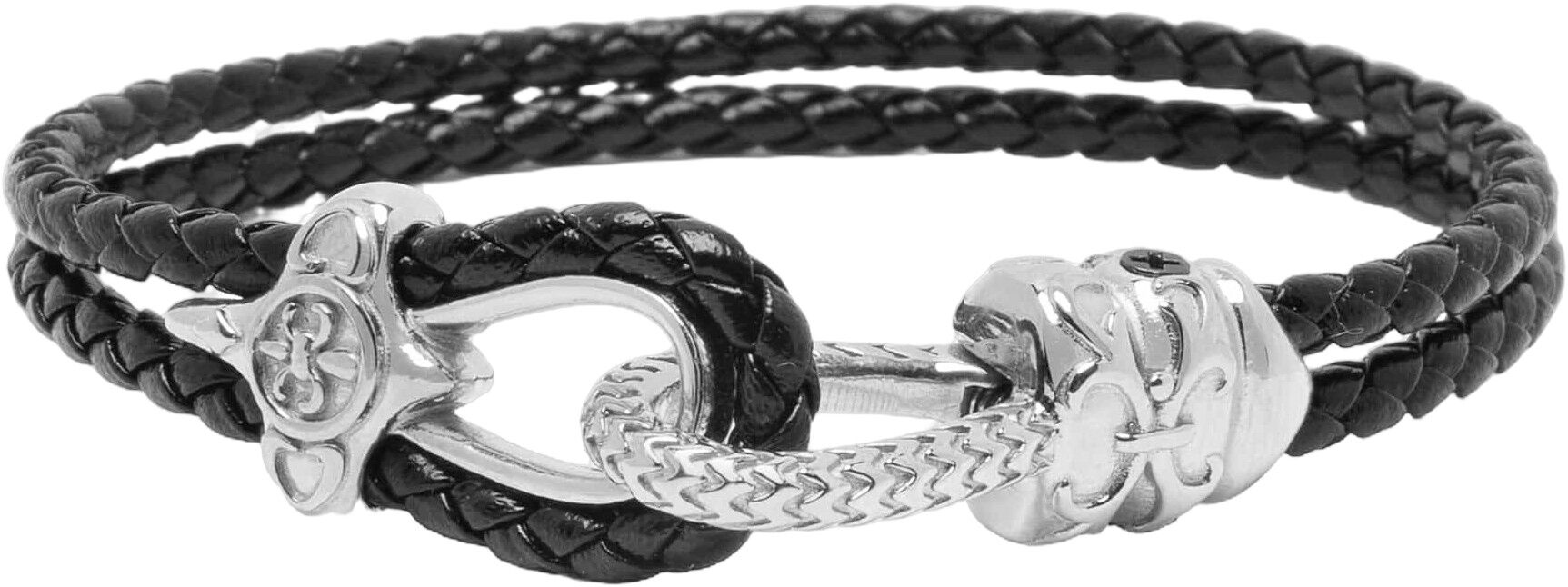 Black Leather Bracelet with Silver Rope Clasp