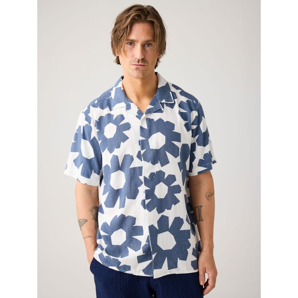 Relaxed linen-mix print short sleeve shirt