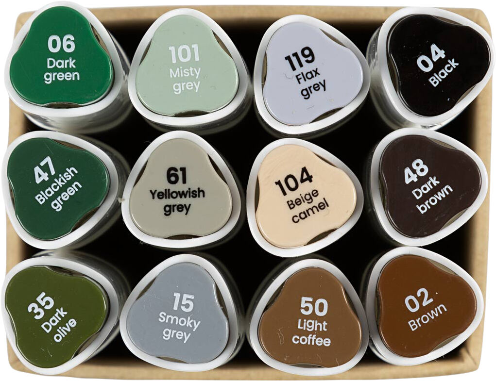 Tegnetusch, streg 1+8 mm, Naturfarver, 12stk.