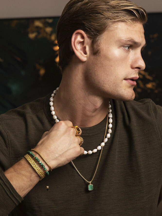 Men's Beaded Bracelet with Malachite and Gold Plating