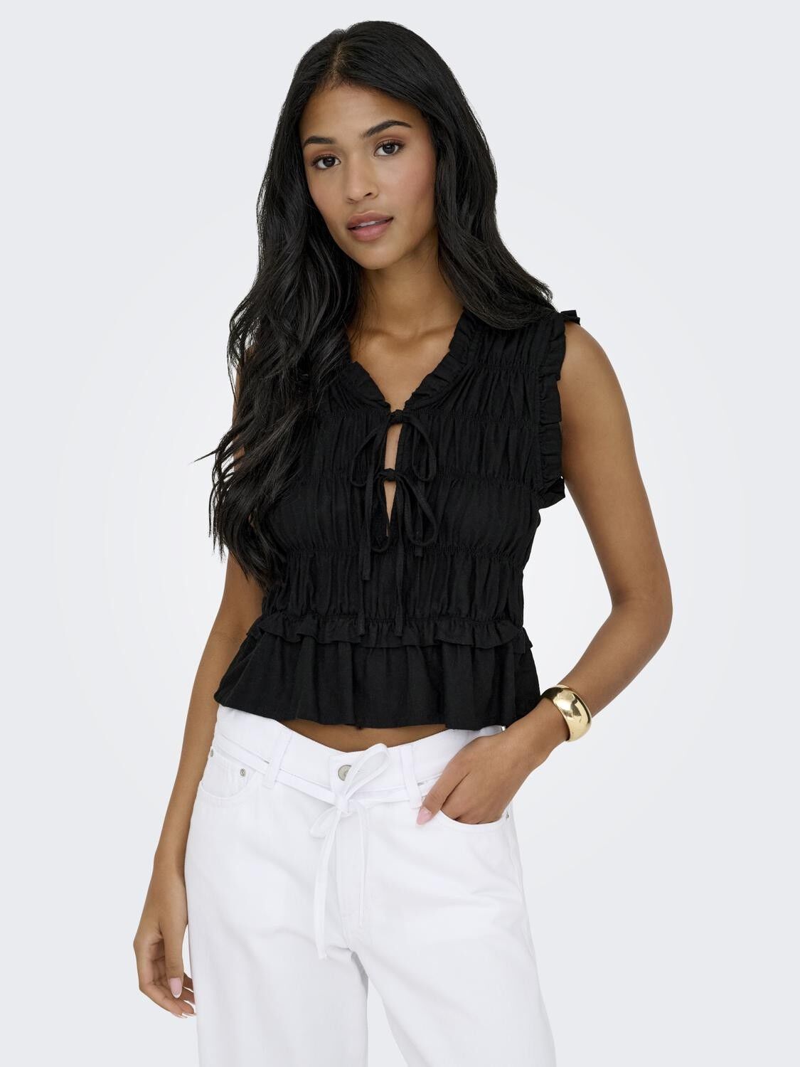 ONLGOA S/S LINEN BL FRILL TOP CC PN