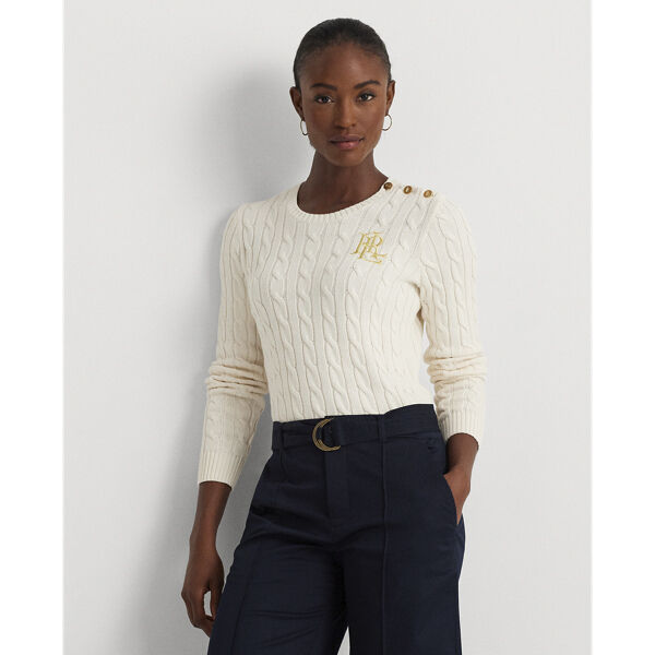 Button-Trim Cable-Knit Cotton Sweater