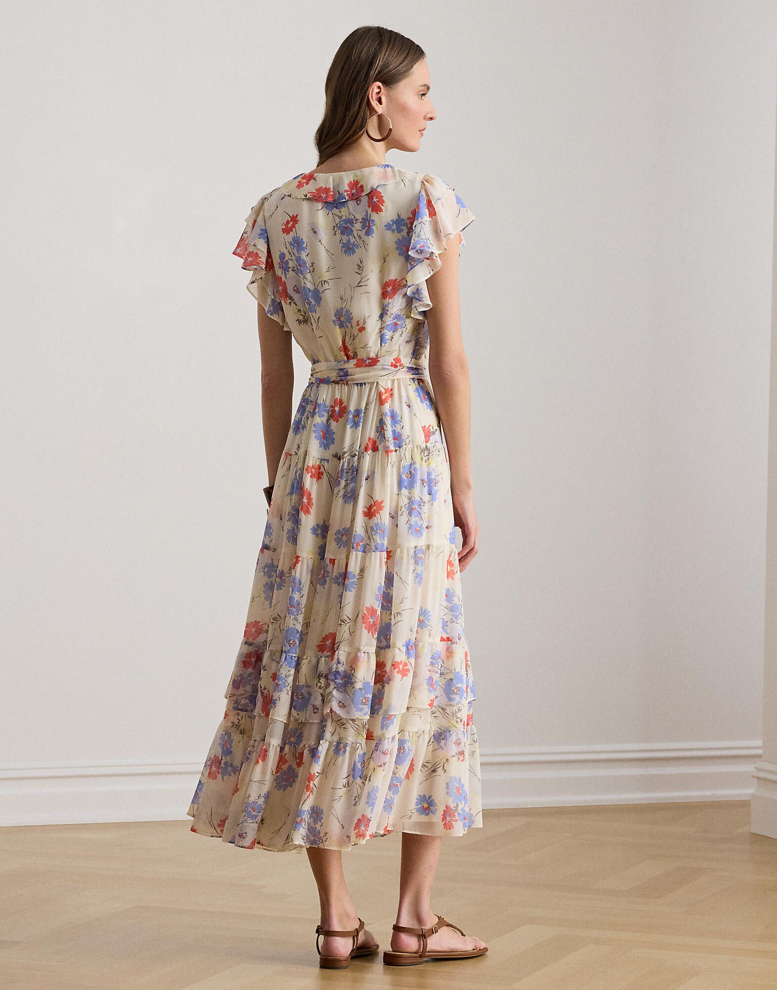 Floral Belted Georgette Tiered Dress