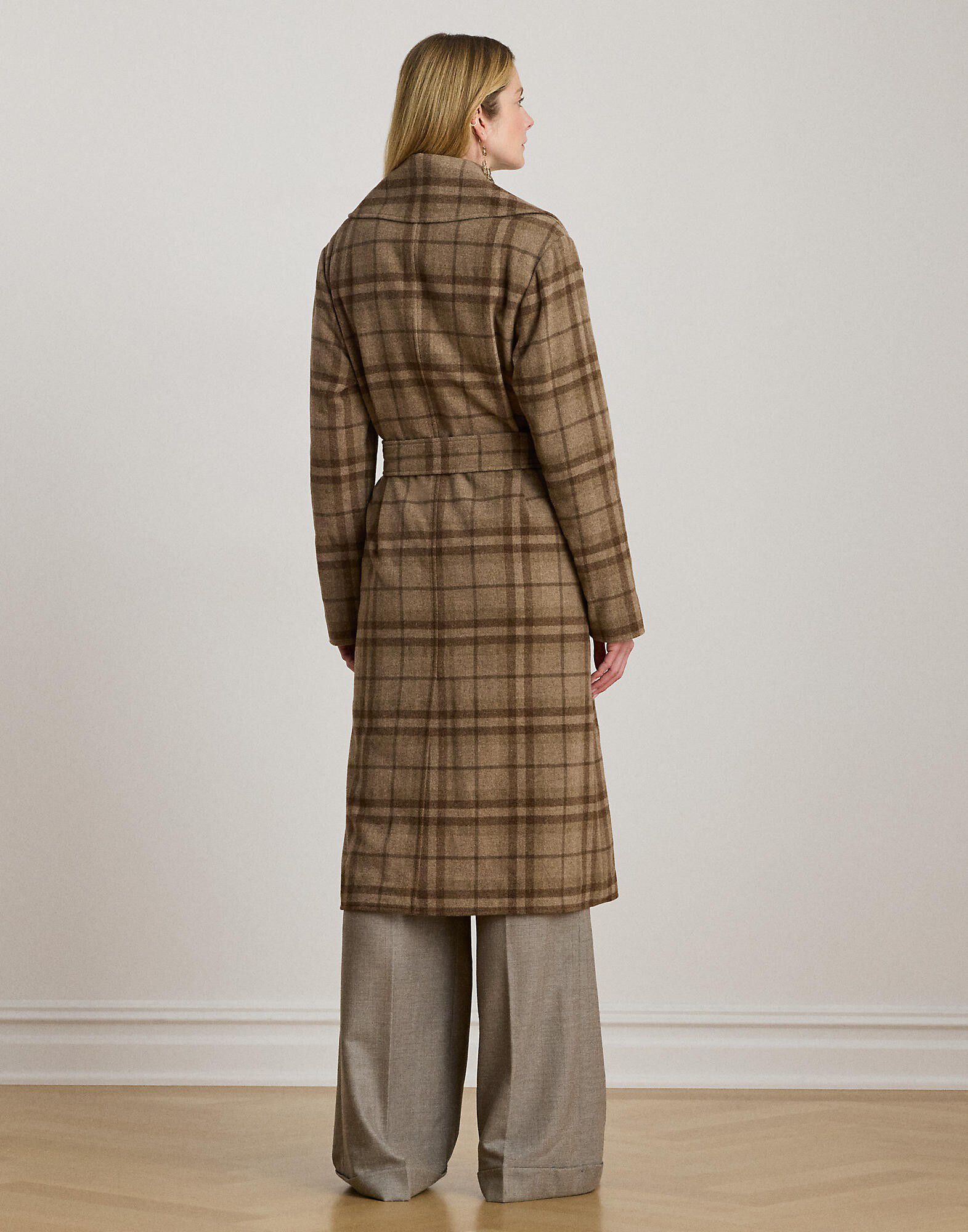 Plaid Wool-Blend Twill Wrap Coat