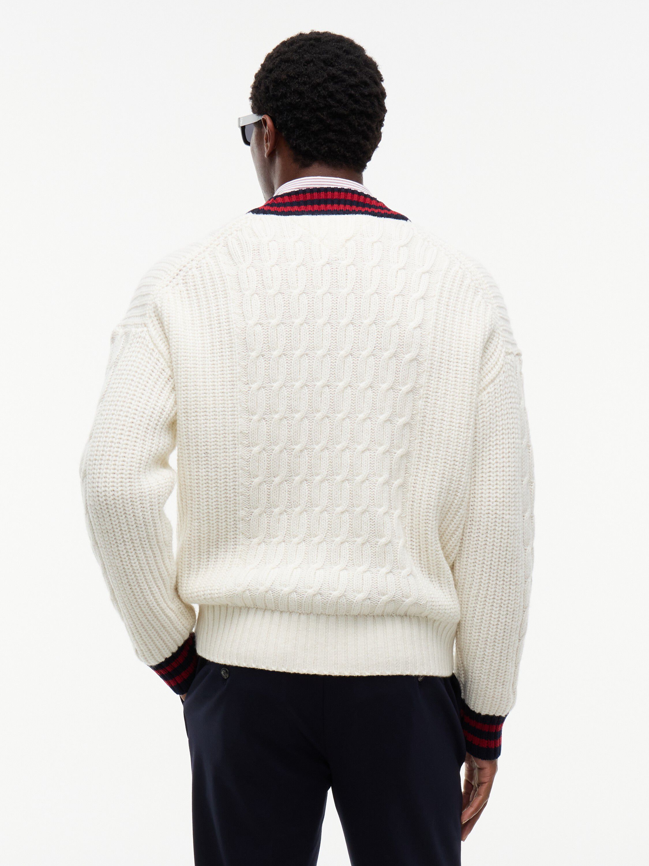Cable Knit Wool Blend Letterman Cardigan