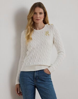 Button-Trim Cable-Knit Cotton Sweater