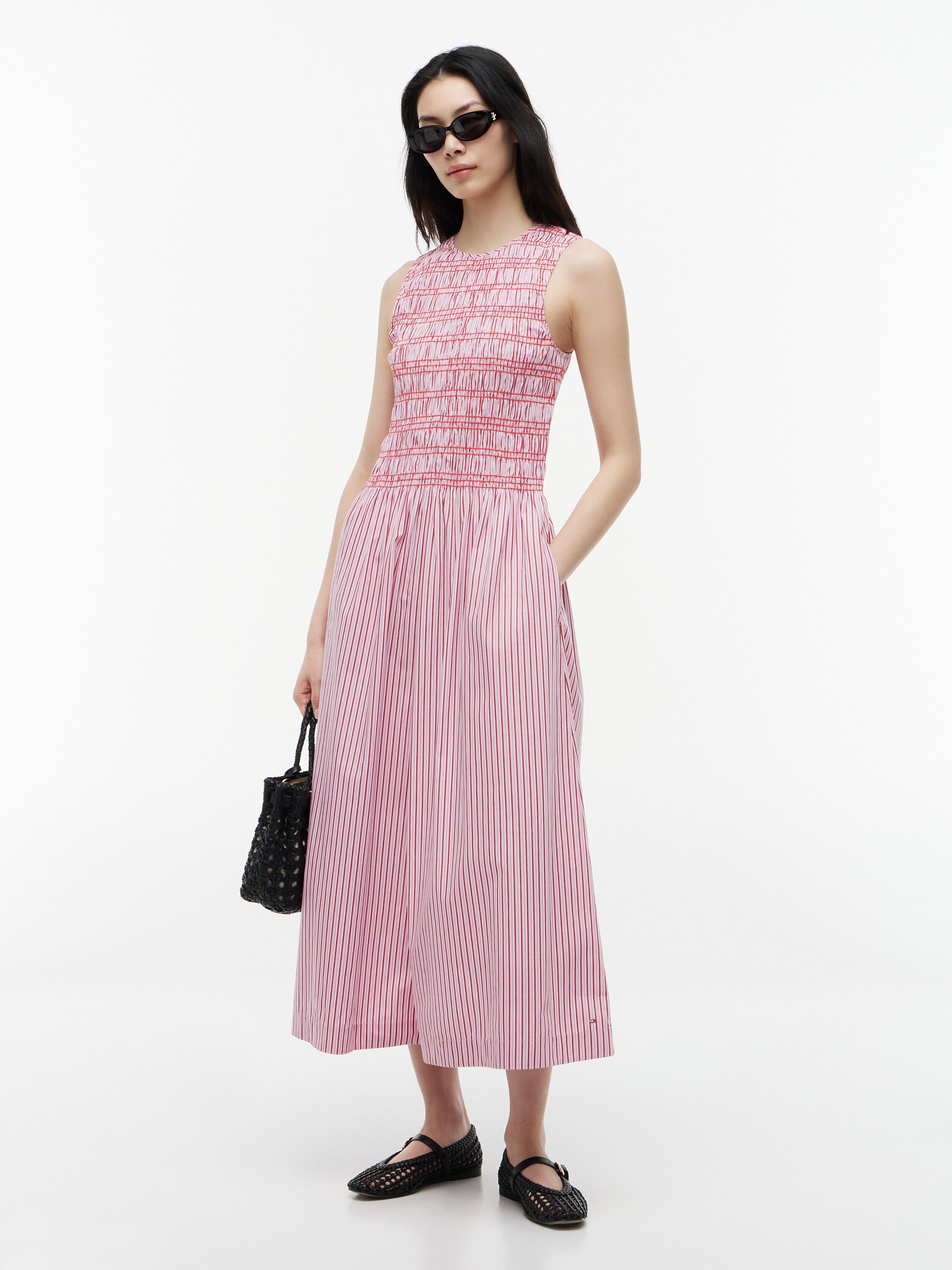 SMOCKING STRIPE NS MIDI DRESS