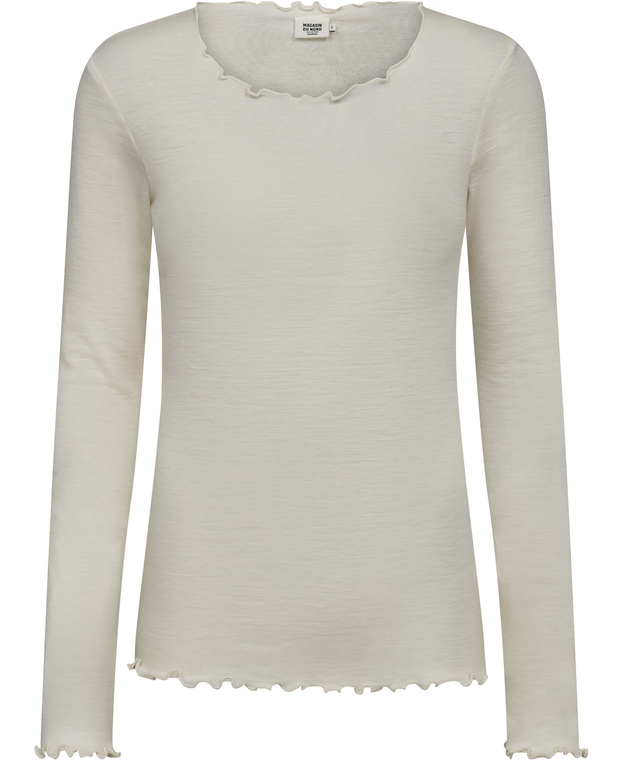 Cilla 14 Lang&aelig;rmede striktr&oslash;je med b&oslash;lgende kant - 100% Merino uld