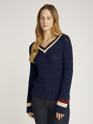 VARSITY CABLE V-NK SWEATER LS
