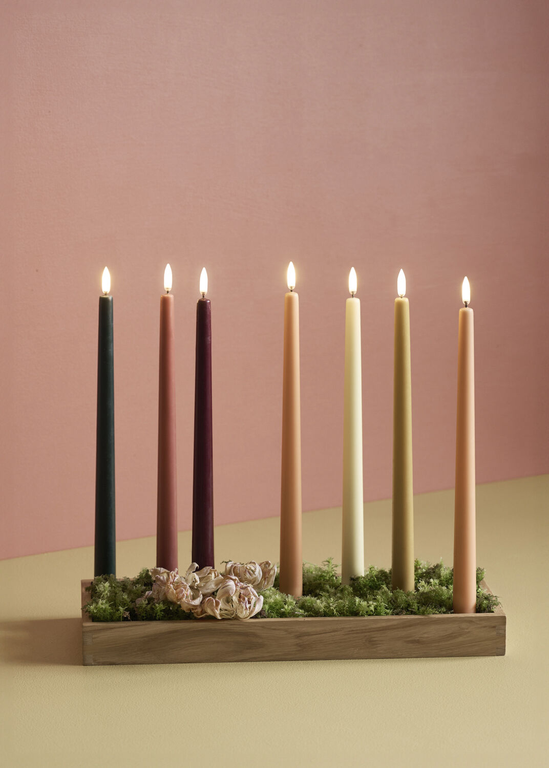 LED taper candle, Pine green, smooth, 2-pack, 2,3x25 cm