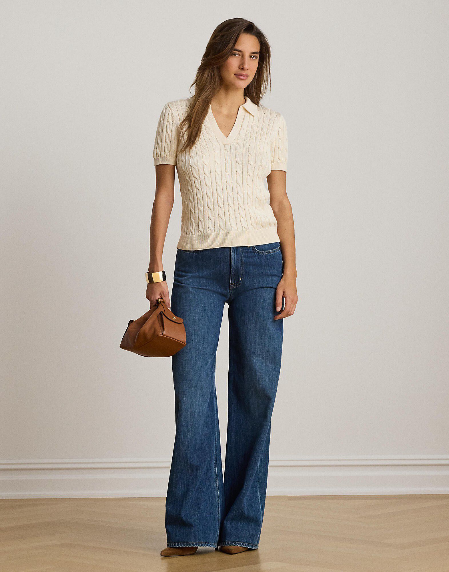 Cable Cotton-Blend Short-Sleeve Sweater