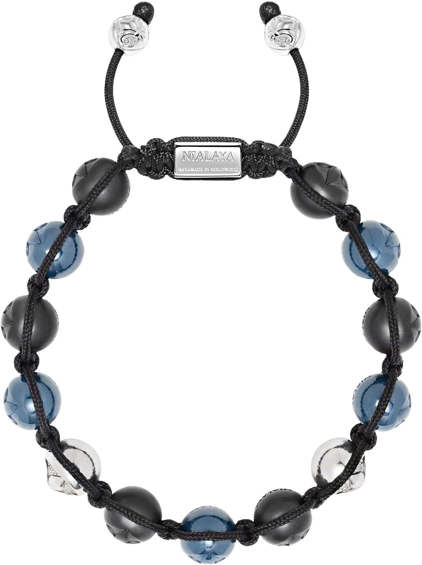 Men's Beaded Bracelet with Matte Black, Blue Ceramic & Silver Balls