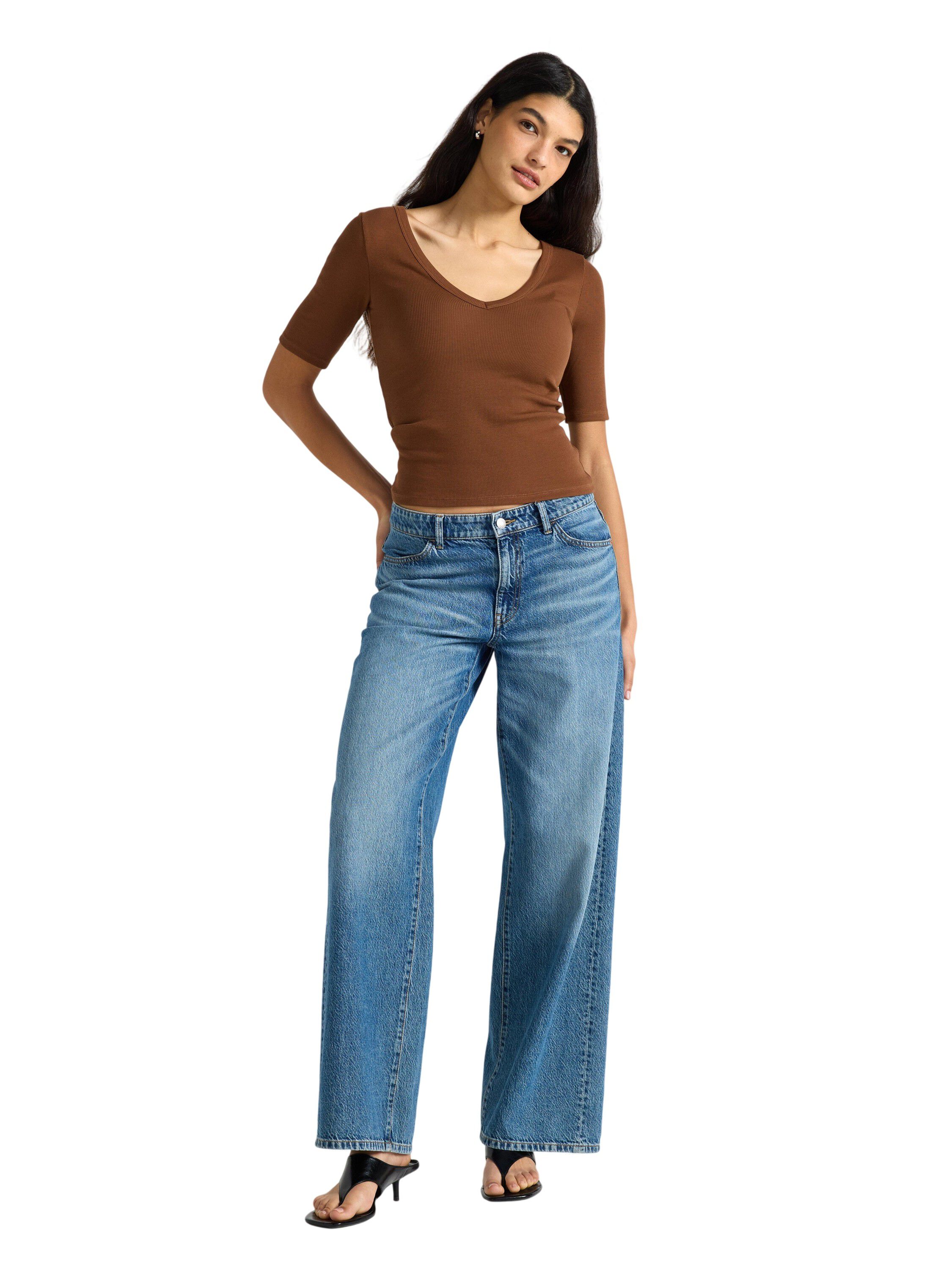 Ribbestrikket topp med korte ermer,