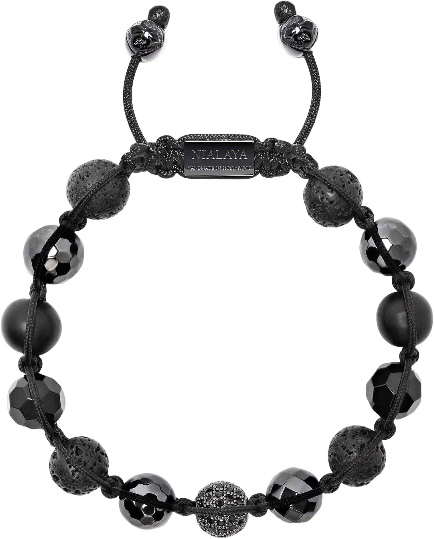 Men's Beaded Bracelet with Black CZ Diamond, Lava Stone, Matte Onyx, a