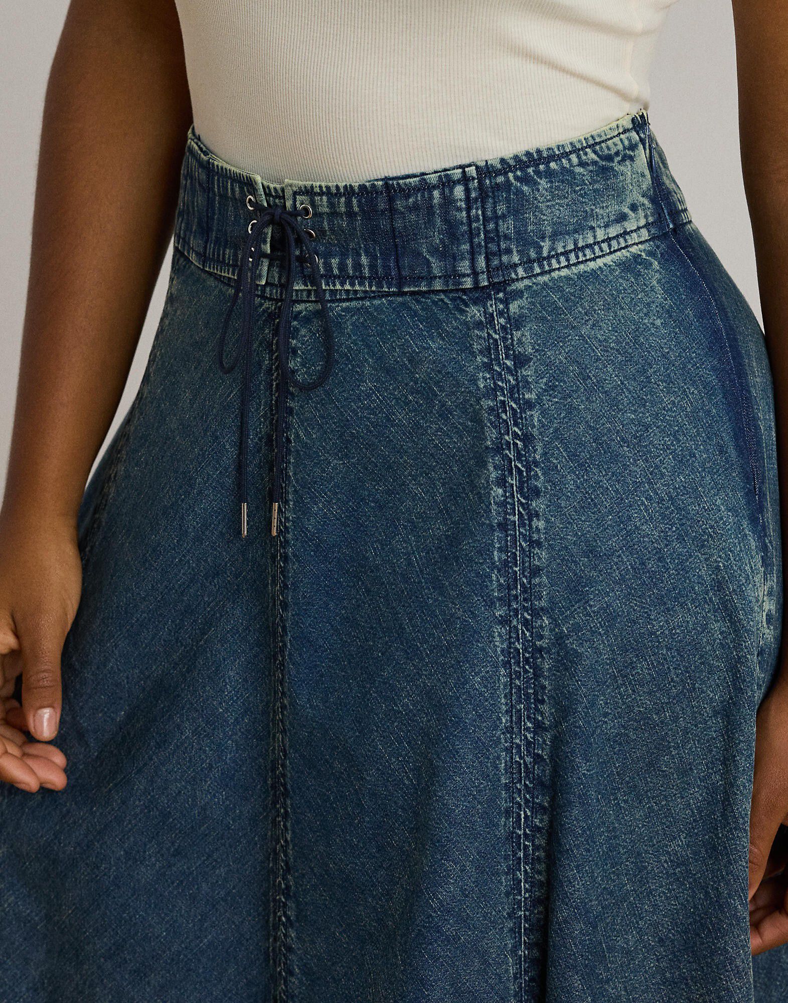 Denim Drawcord Midi Skirt