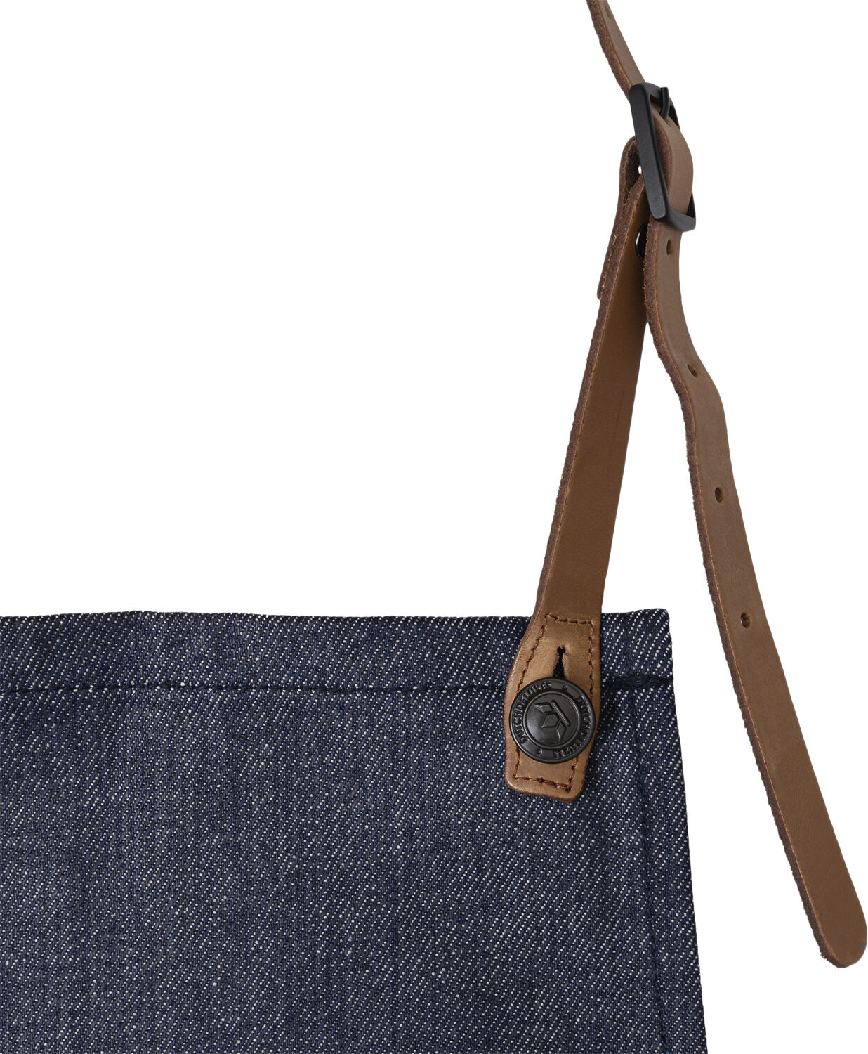 BBQ Style Apron, Denim Brut with leather straps in Cognac co