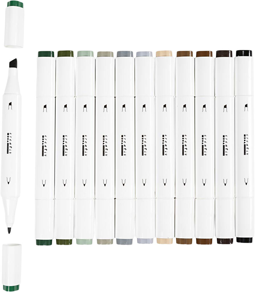 Tegnetusch, streg 1+8 mm, Naturfarver, 12stk.