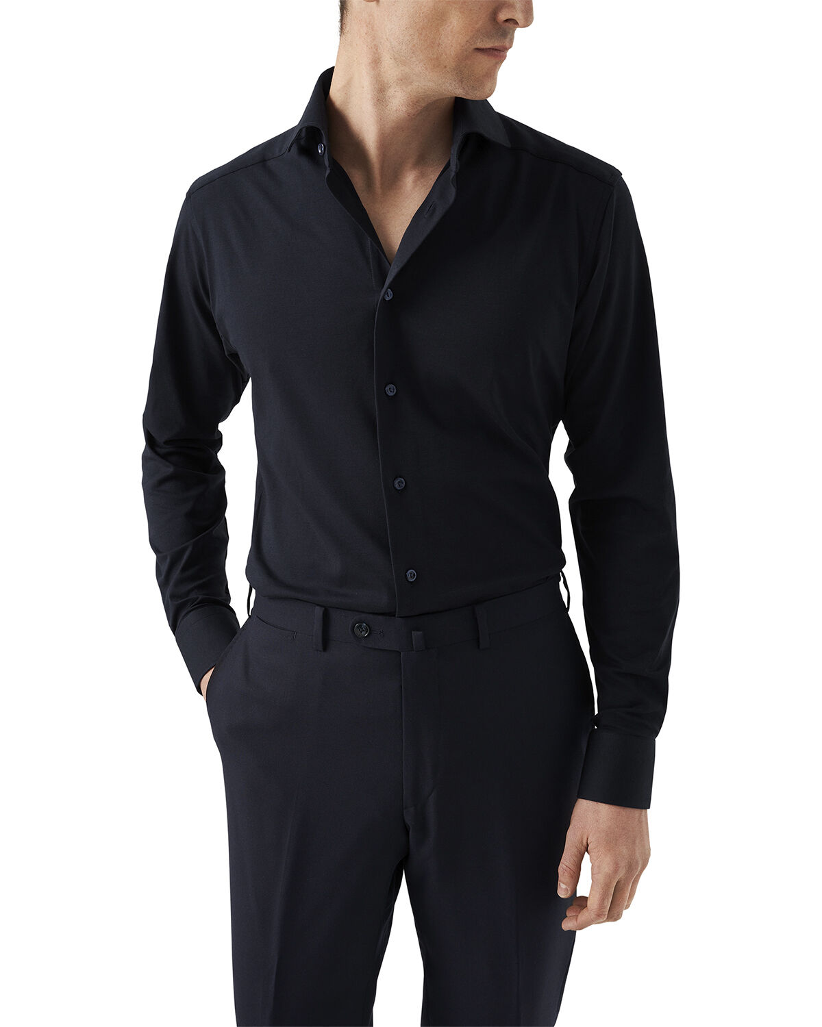 Contemporary Fit Navy Blue Solid Four-Flex Stretch Shirt