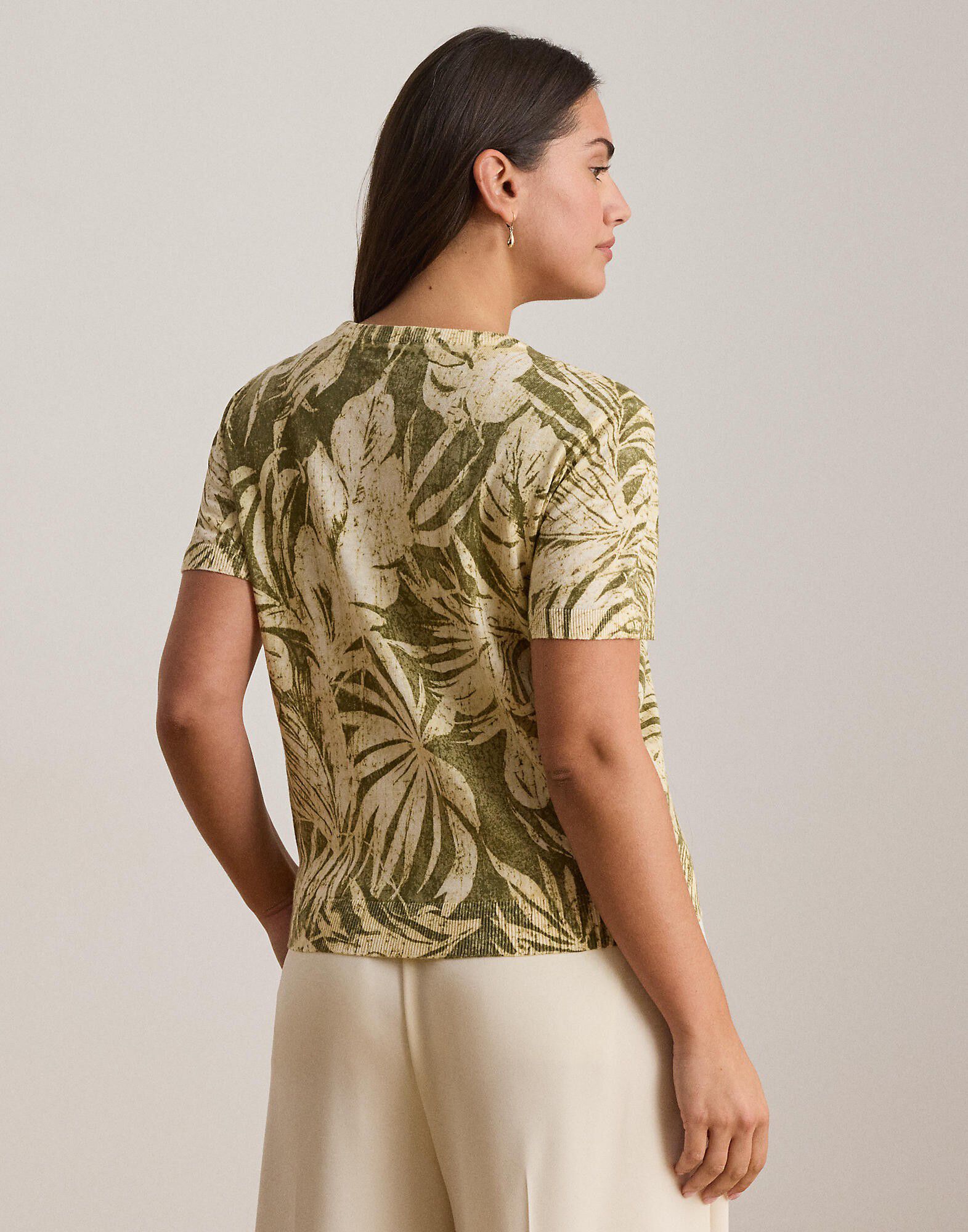Palm-Frond-Print Short-Sleeve Sweater