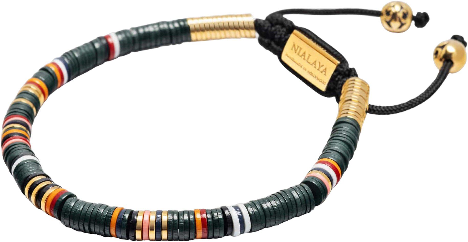 Men's Beaded Bracelet with Dark Green and Gold Disc Beads