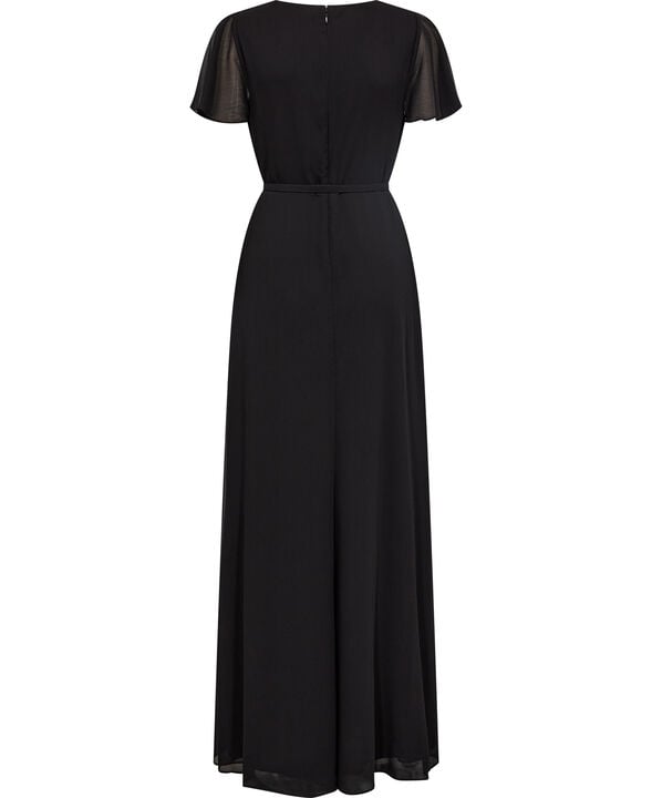 Belted Georgette Flutter-Sleeve Gown