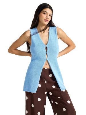 Long fine-knit vest with v-neck and