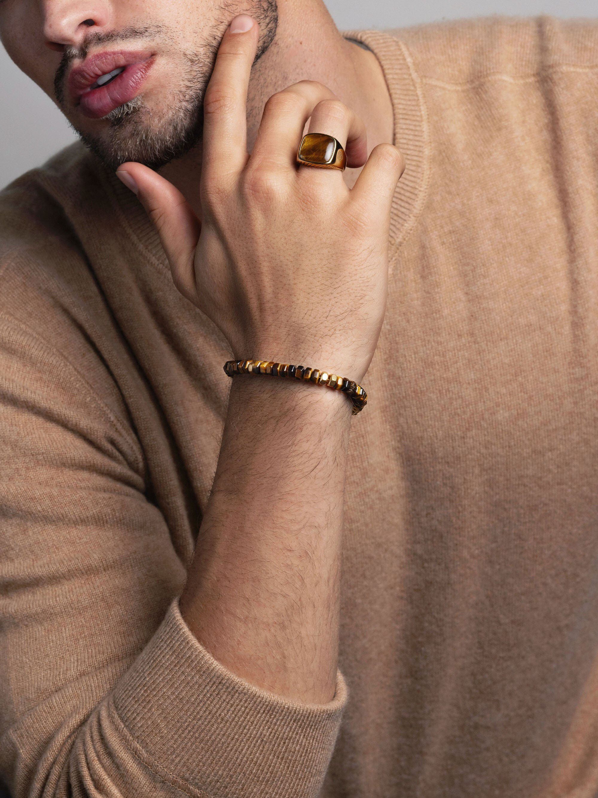 Men's Hexagon Beaded Bracelet with Tiger Eye and Gold
