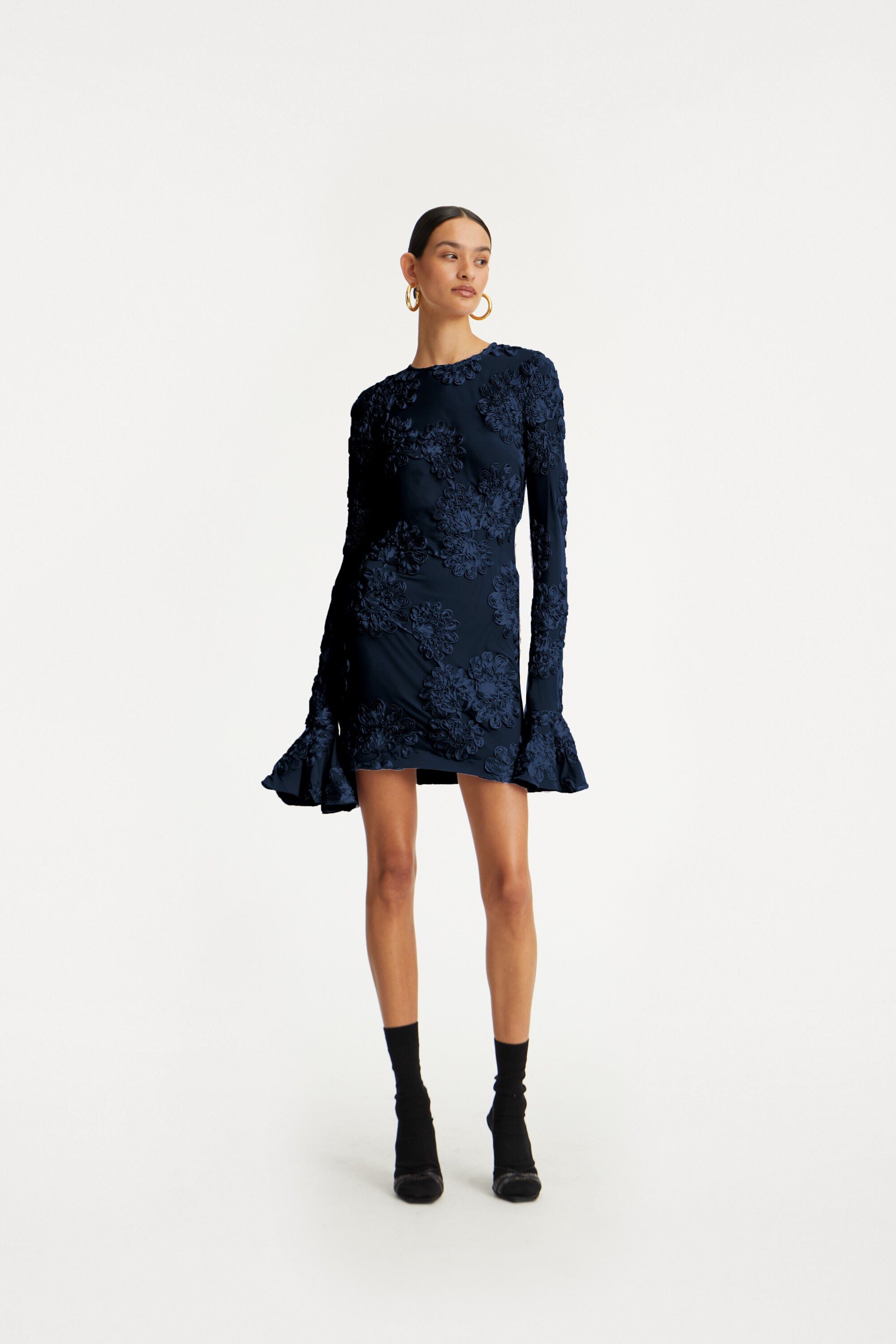 FLOWER MESH LS MINI DRESS