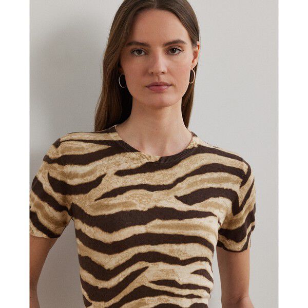 Print Linen-Cotton Short-Sleeve Sweater